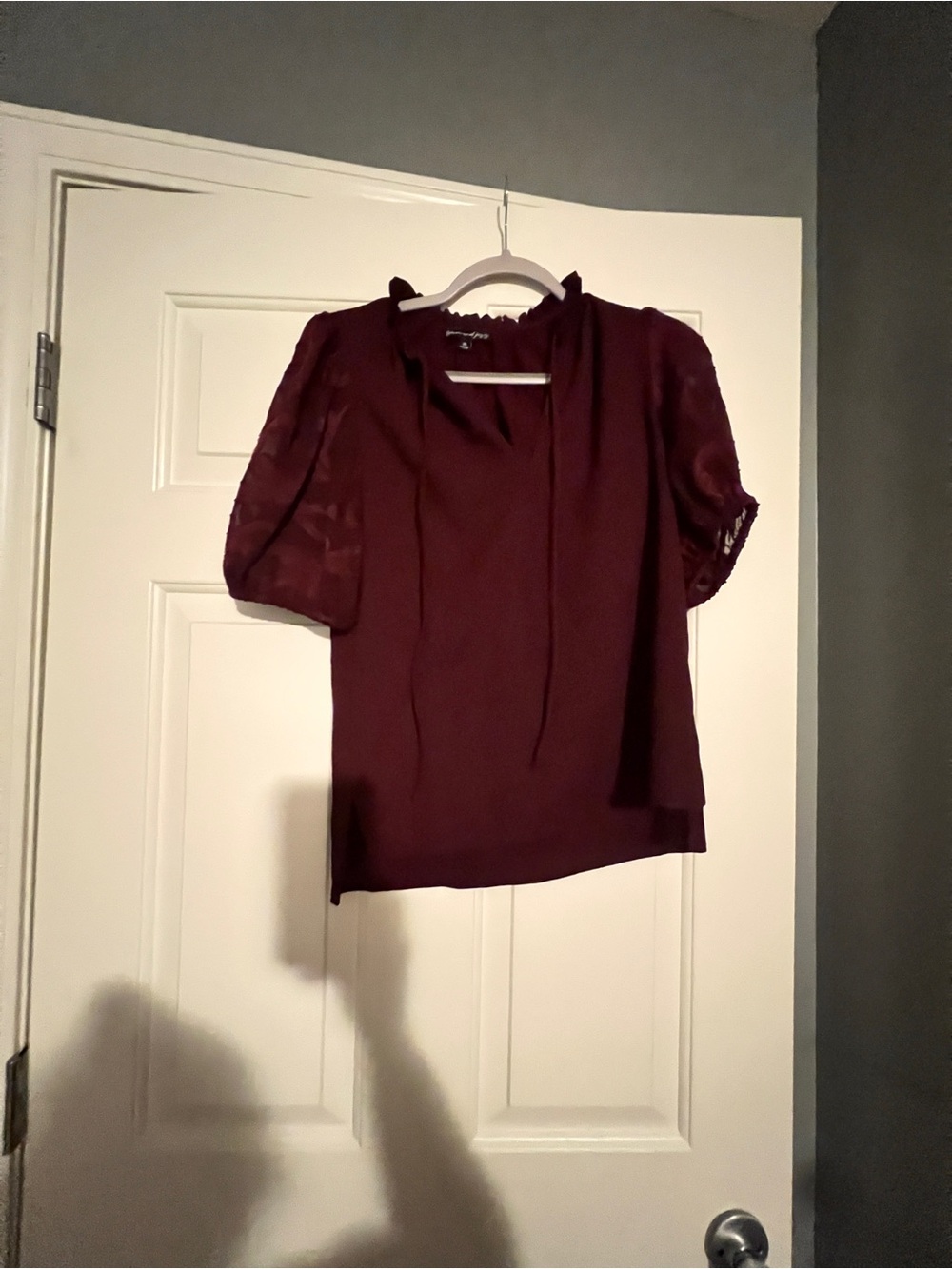 Women’s Burgundy Short Puff Sleeve Blouse with Neck Tie